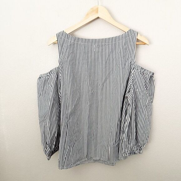 GAP | Coastal Cold Shoulder Top Blouse Blue White Banker Stripe Cotton | Size XL - Picture 5 of 6
